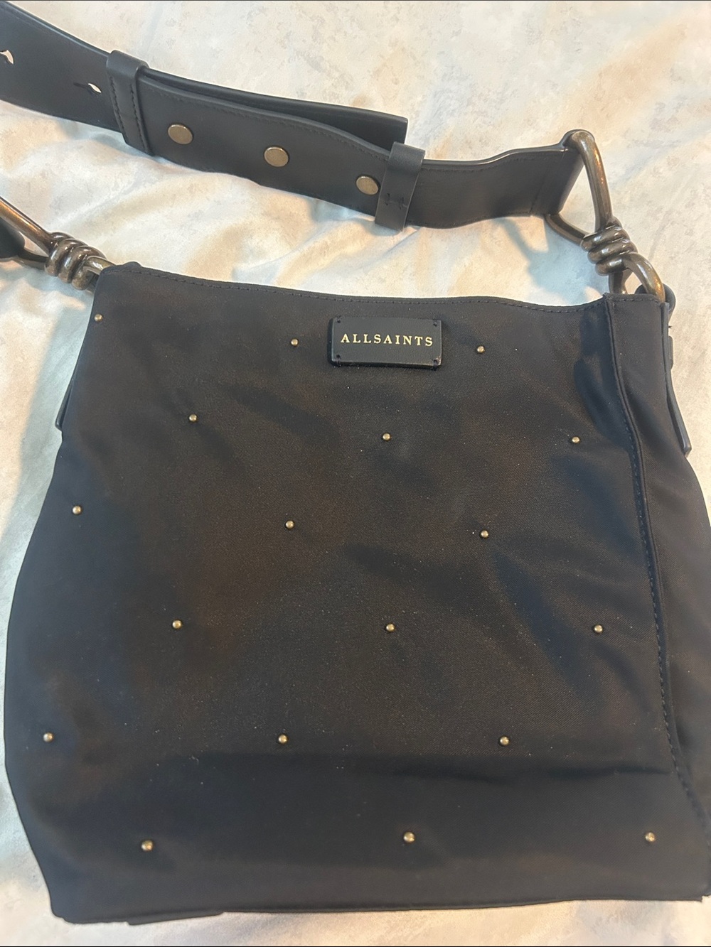 AllSaints Black Shoulder Bag with Gold Stud Accents